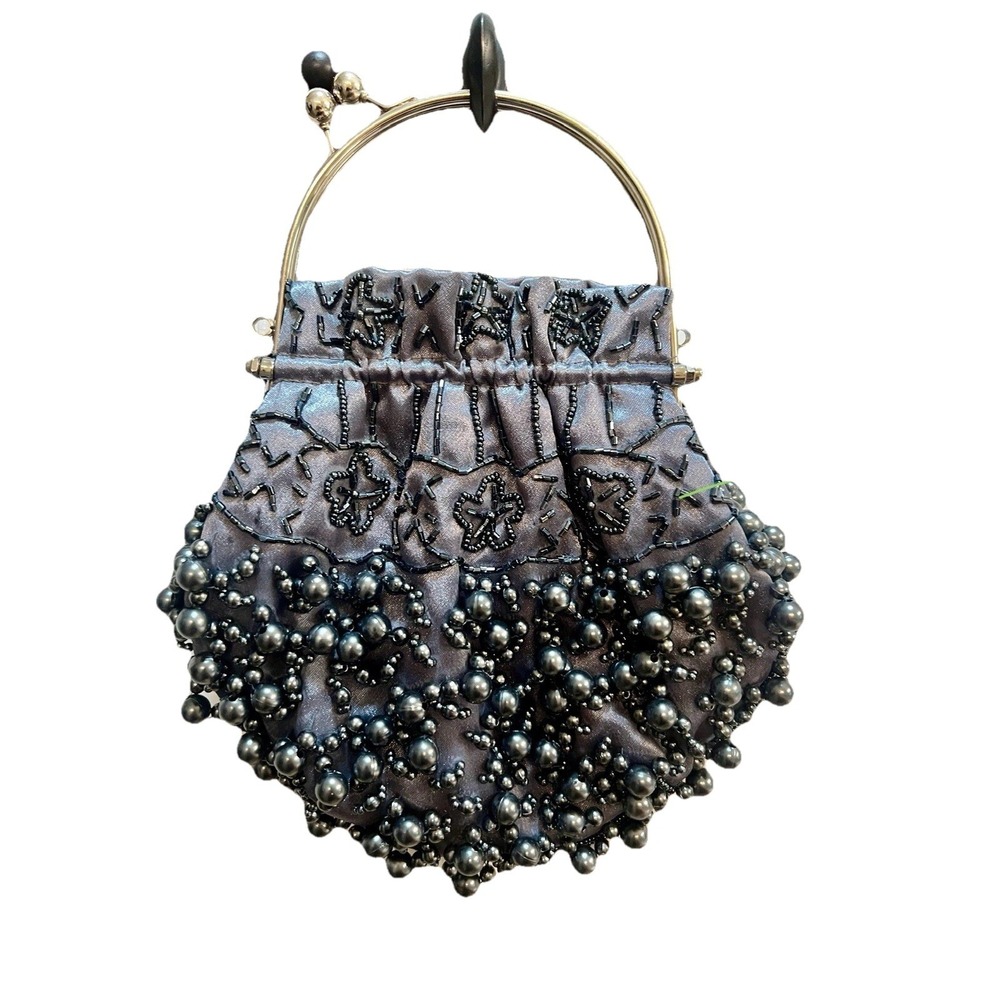 Mad‎ By Design Grey Black Pearl Beaded Bracelet Handle  Purse  New Years Eve